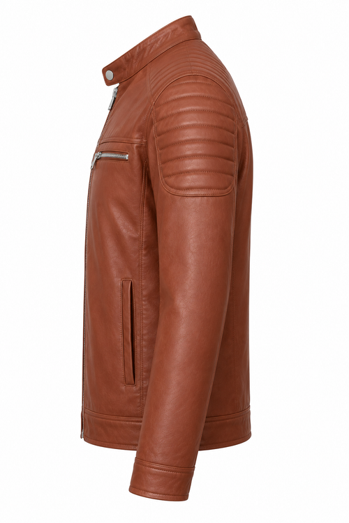 Men's Classic Tan Brown Genuine Leather Biker Jacket
