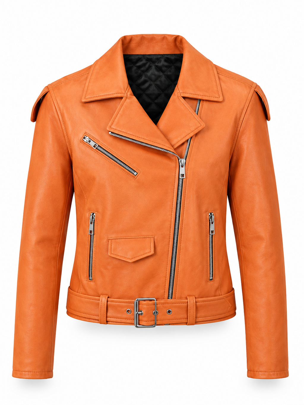 Women's Premium Asymmetric Biker Leather Jacket - Orange