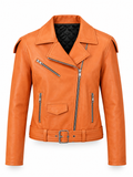 Women's Premium Asymmetric Biker Leather Jacket - Orange