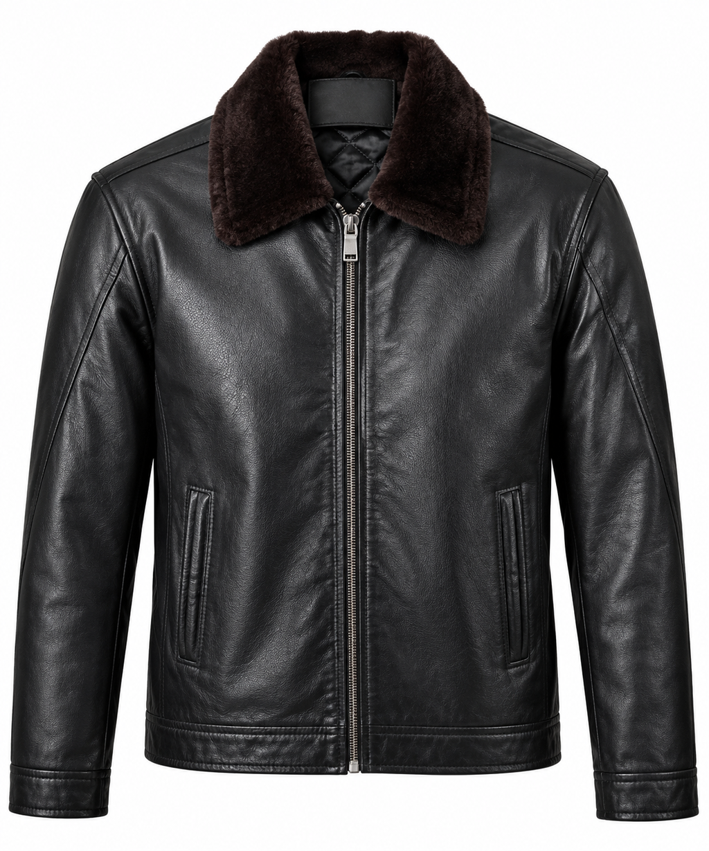 Men's Premium Black Leather Jacket with Detachable Brown Fur Collar