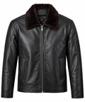 Men's Premium Black Leather Jacket with Detachable Brown Fur Collar