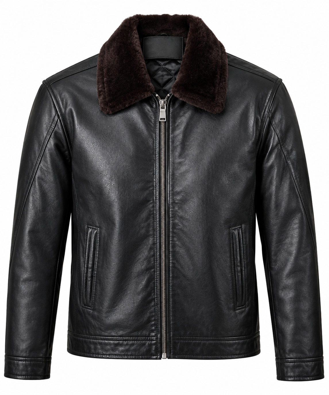 Men's Premium Black Leather Jacket with Detachable Brown Fur Collar