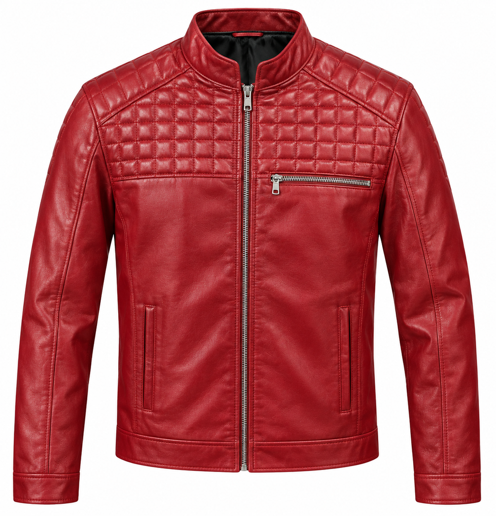 Men's Red Quilted Leather Biker Jacket - Slim Fit Motorcycle Jacket