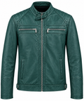 Men's Emerald Green Leather Biker Jacket - Quilted Shoulder Motorcycle Jacket