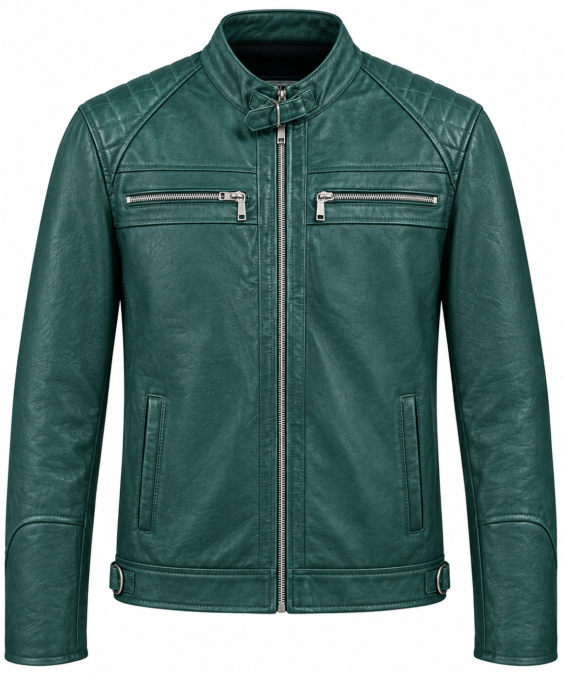 Men's Emerald Green Leather Biker Jacket - Quilted Shoulder Motorcycle Jacket