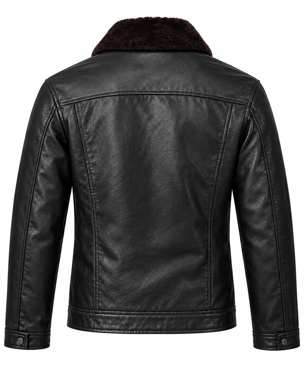 Men's Premium Black Leather Jacket with Detachable Brown Fur Collar
