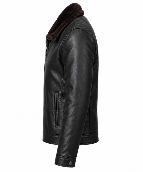 Men's Premium Black Leather Jacket with Detachable Brown Fur Collar