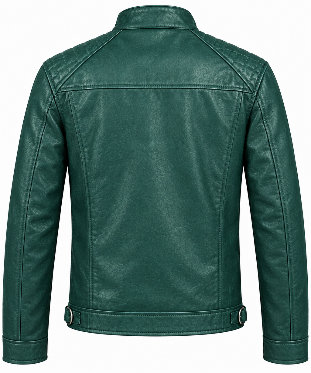 Men's Emerald Green Leather Biker Jacket - Quilted Shoulder Motorcycle Jacket